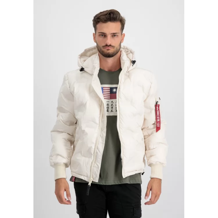 ΤΖΑΚΕΤ ALPHA INDUSTRIES HOODED LOGO PUFFER JET STR. WHITE ΤΖΑΚΕΤ ALPHA INDUSTRIES HOODED LOGO PUFFER JET STR. WHITE